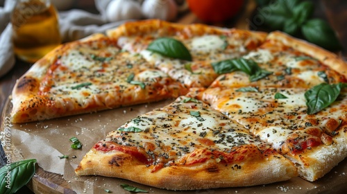 Zoom in on a slice of classic margherita pizza  featuring a thin crust  tangy tomato sauce  fresh mozzarella  and fragrant