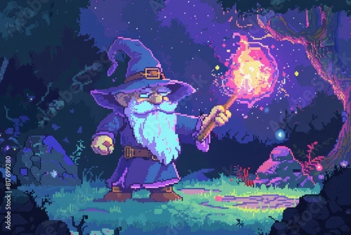 Cartoon cute doodles of a pixelated wizard casting spells in a magical pixel art-style world, Generative AI