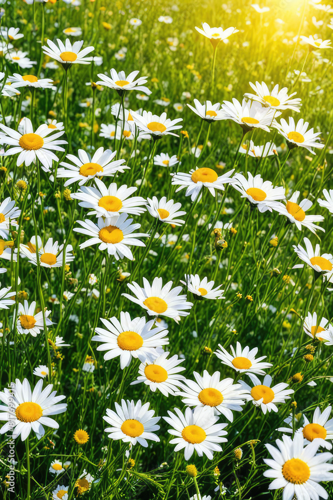 Fototapeta premium A beautiful, sun-drenched spring summer meadow. Natural colorful panoramic landscape with many wild flowers of daisies against blue sky. A frame with soft selective focus.