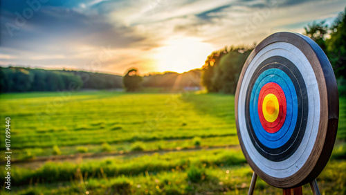 An archery target in it stands in a sunny green field under a blue sky with clouds photo