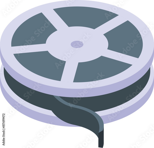 Stylized isometric vector graphic of a classic film reel in shades of grey and black