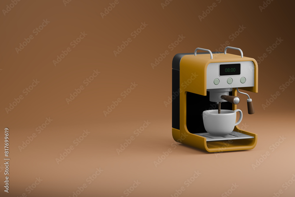 Yellow coffee machine on brown background is making a cup of espresso shot with copy space for text and advertise campaign for shopping or online shopping or any sign Yellow coffee machine on brown background is making a cup of espresso shot with copy space for text and advertise campaign for shopping or online shopping or any sign