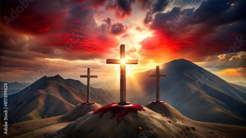 A scene that depicts a cross stained by the blood of Jesus Christ, at the top of the mountain, with two more empty crosses, without blood, one on each side of the middle cross photo