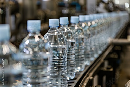 A row of bottled water on a production line in a factory, highlighting the manufacturing and packaging process.