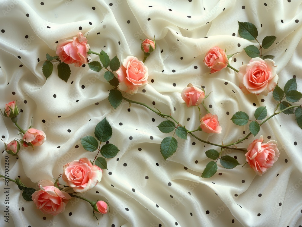 small pink rose On a white background, black polka dots. small pink rose On a white background, black polka dots.