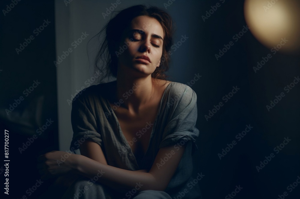 woman with eyes closed sitting in dark at home woman with eyes closed sitting in dark at home