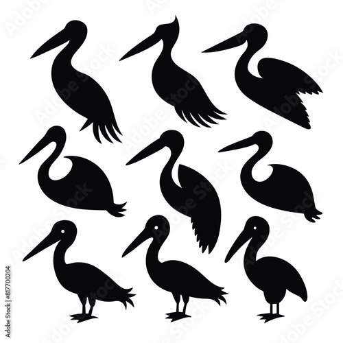 Set of pelican Silhouette Design and Vector Illustration on white background