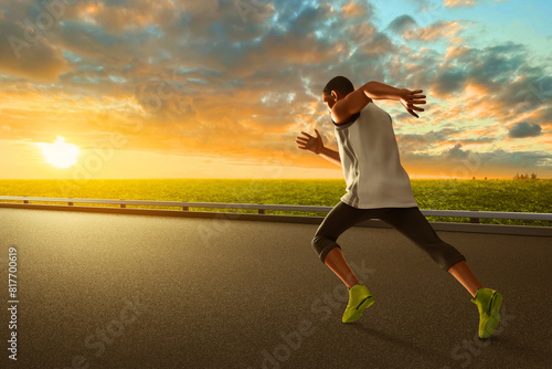 Young man running on the street, city park in the morning with sunlight sky, 3d illustration
