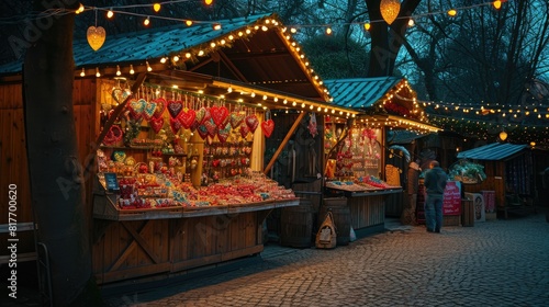 Charming village square as festive market: Stalls with heart-shaped trinkets under fairy lights.