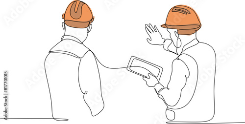 Line drawing of a young architect discussing a construction project with his supervisor. Building architecture business concept. One line design vector graphic illustration