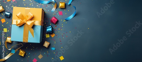 Top view of an opened gift box with a handmade toy colorful streamers and copy space image in the background