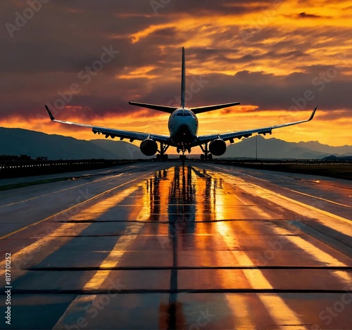 A passenger plane gracefully touches down on a runway as the sun sets 