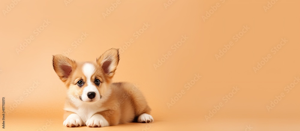 Fluffy Welsh Corgi puppy with copy space image on a beige background Fluffy Welsh Corgi puppy with copy space image on a beige background