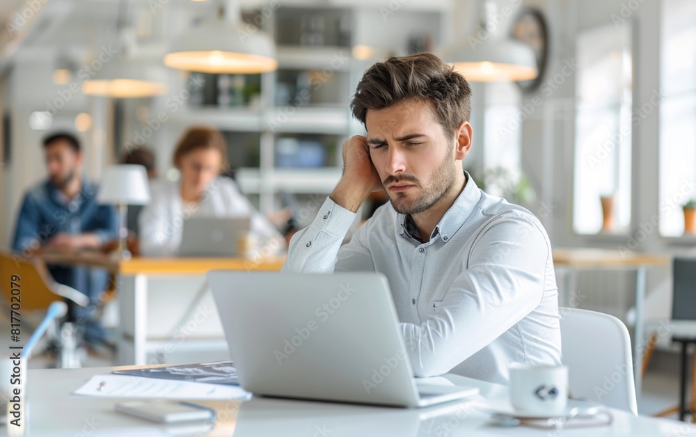 Young office worker sitting at a desk in a office with laptop on the table, stressing over work. Young office worker sitting at a desk in a office with laptop on the table, stressing over work.