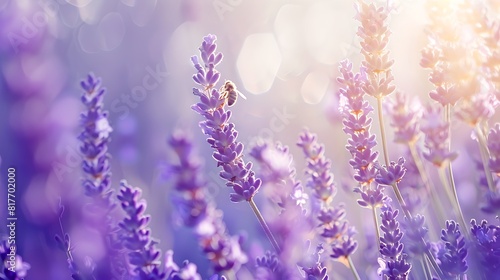 Serene Lavender Field Bathed in Soft Sunlight, Ideal for Relaxation Themes. Close-up View of Lavender Flowers, Perfect for Backgrounds and Nature Designs. AI