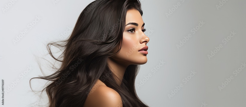 Naklejka premium Close up copy space image of a beautiful brunette with long hair gazing to the side on a white background