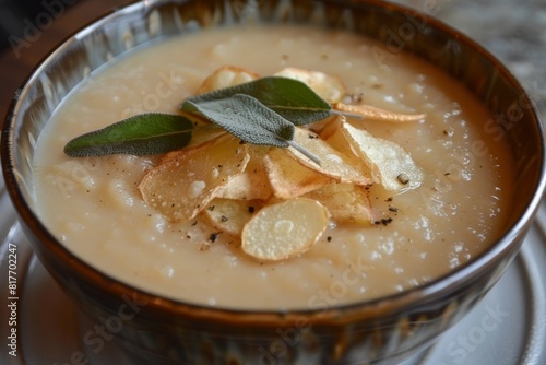 Celeriac apple soup with chips and sage