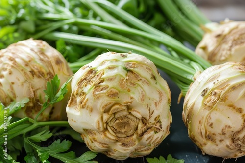 Celeriac is a nutritious root vegetable with green shoots photo
