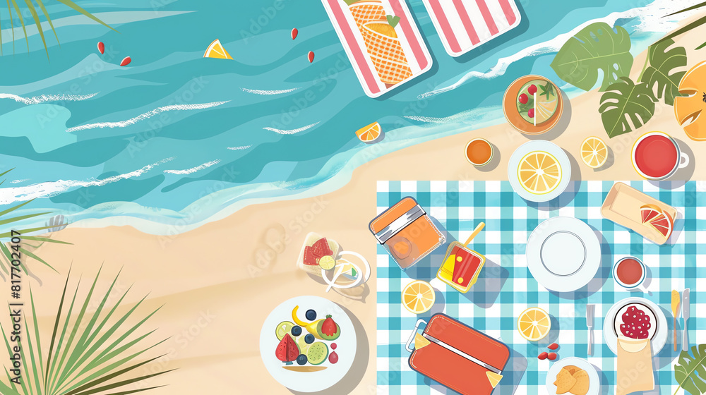 Cooler flat design top view beach picnic cartoon drawing analogous