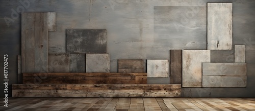 A montage of grungy timber floor pieces against an aged loft concrete wall Copy space image