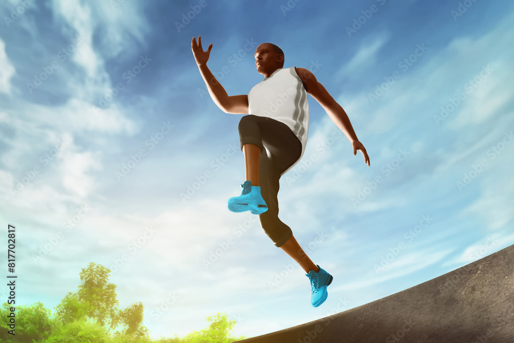 Low angle view of young man running jumping on street stair, city park in the morning with blue sky, 3d illustration Low angle view of young man running jumping on street stair, city park in the morning with blue sky, 3d illustration