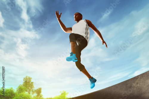 Low angle view of young man running jumping on street stair, city park in the morning with blue sky, 3d illustration