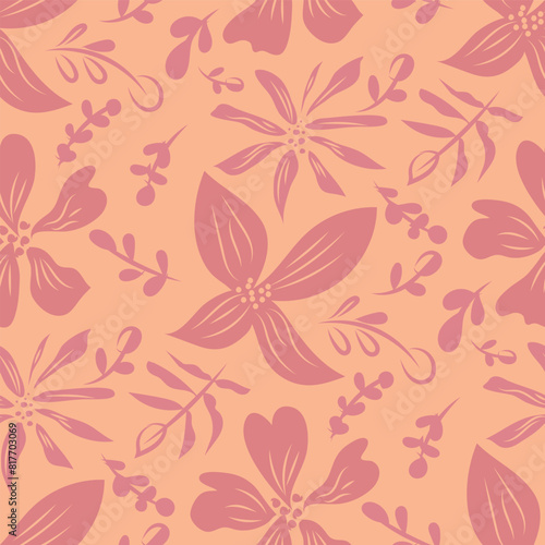 Peach fuzz tropical flowers seamless vector pattern background. Hand drawn floral backdrop. Nature botanical pink peach orange repeat all over print for gardening, packaging. Naive boho style © Gaianami  Design