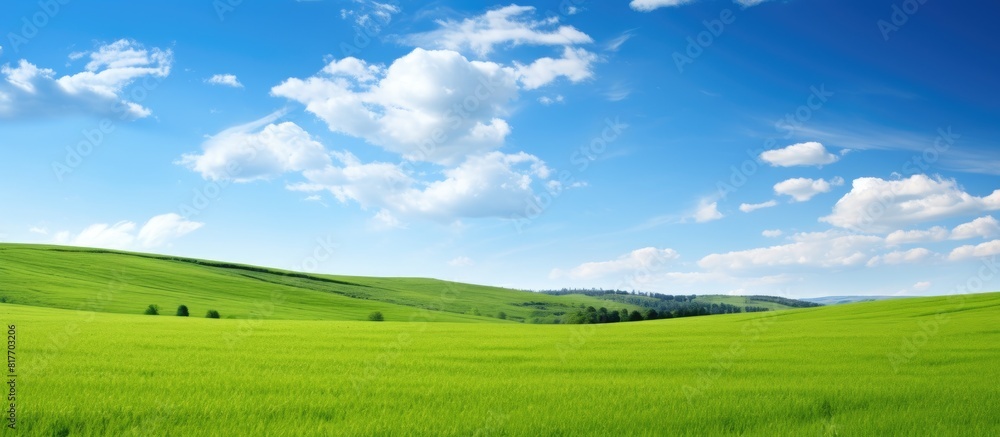 Obraz premium A picturesque scene with a lush green field extending beneath a clear blue sky providing ample copy space for images