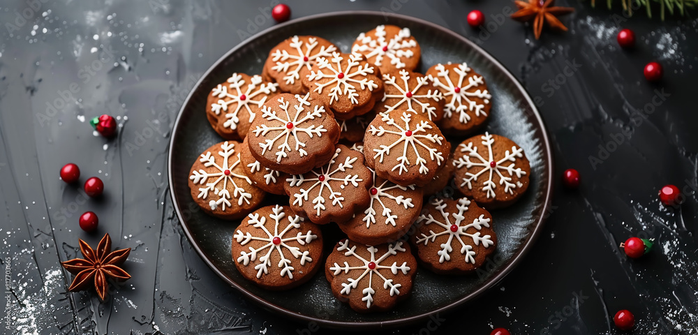 A plate with Christmas gingerbread. Christmas holidays. Christmas theme. A plate with Christmas gingerbread. Christmas holidays. Christmas theme.
