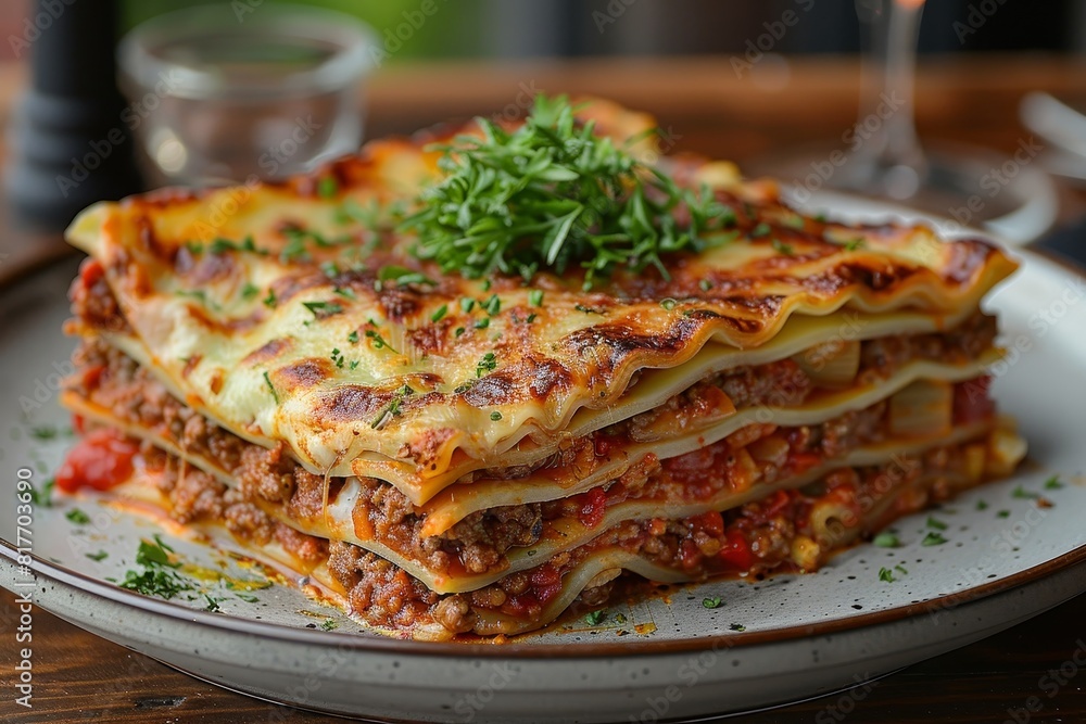 Lasagna: Layers of pasta, rich meat sauce, creamy bechamel, and melted cheese. The top layer should be golden brown and slightly crispy Lasagna: Layers of pasta, rich meat sauce, creamy bechamel, and melted cheese. The top layer should be golden brown and slightly crispy