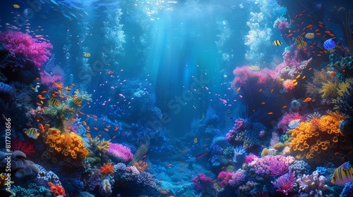 Underwater Sea Life Scene Create an underwater background with a vibrant scene of sea life Include elements like coral reefs