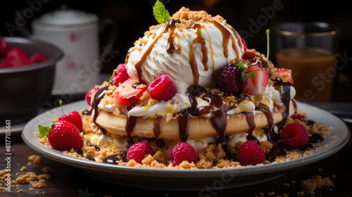 Indulgent Waffles With Ice Cream And Mixed Berries Perfect For Dessert Lovers And Food Enthusiasts Ai Generated