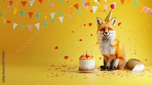 The animal character celebrates his birthday on a yellow background