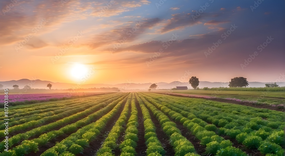 Vibrant Green Fields Under a Blue Sky with Fluffy Clouds at Sunset, Picturesque Rural Farming Scene: Rolling Meadows and Crop Fields Against a Colorful Sunset Sky, Tranquil Farmland Sunset: Sun-kissed