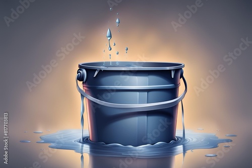 bucket is leaking five hole have tape was small holding leaked. water form holding leaked.leaky bucket with water on table against grey background