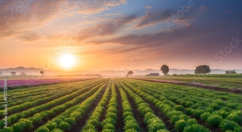 Vibrant Green Fields Under a Blue Sky with Fluffy Clouds at Sunset, Picturesque Rural Farming Scene: Rolling Meadows and Crop Fields Against a Colorful Sunset Sky, Tranquil Farmland Sunset: Sun-kissed