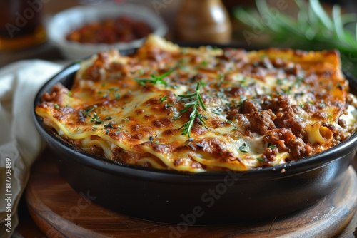 Lasagna  Layers of pasta  rich meat sauce  creamy bechamel  and melted cheese. The top layer should be golden brown and slightly crispy