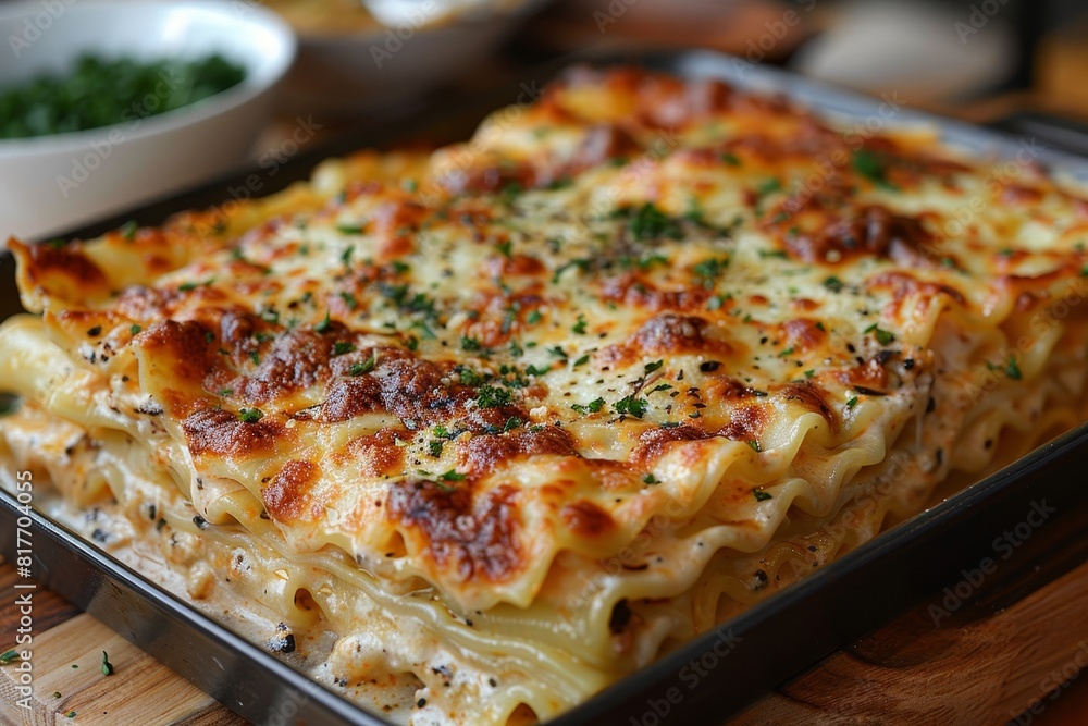 Lasagna: Layers of pasta, rich meat sauce, creamy bechamel, and melted cheese. The top layer should be golden brown and slightly crispy Lasagna: Layers of pasta, rich meat sauce, creamy bechamel, and melted cheese. The top layer should be golden brown and slightly crispy