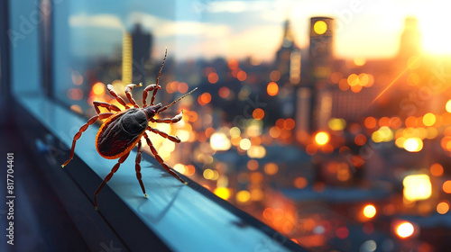 Tick on window overlooking blurred city at dawn
