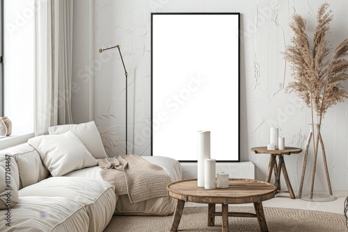 Scandinavian Minimalist Interior Mock-up with Empty Frame and Cozy Sofa