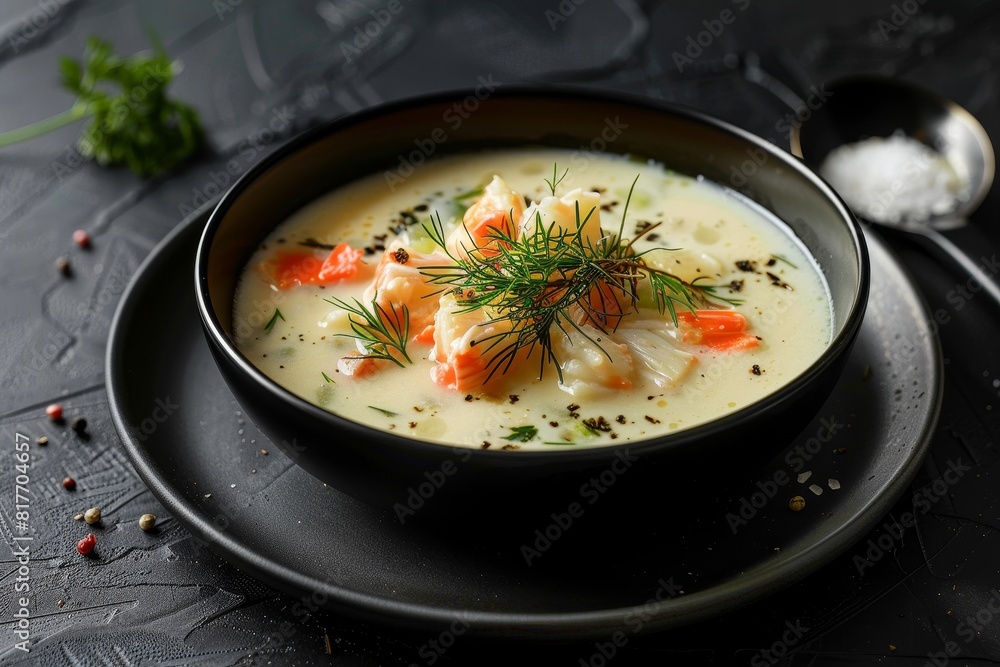 Chef s dish Creamy crab soup on black plate with background Chef s dish Creamy crab soup on black plate with background