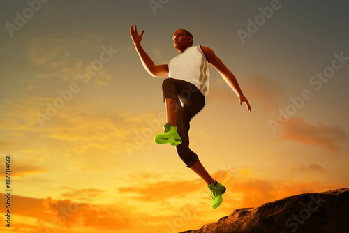 Wallpaper Mural Low angle view of young man runner jumping on mountain with sunset sky, 3d illustration Torontodigital.ca