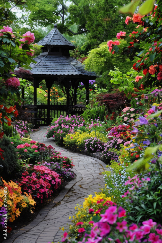 A tranquil garden with colorful flowers, winding pathways, and a quaint gazebo. A tranquil garden with colorful flowers, winding pathways, and a quaint gazebo.