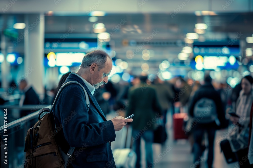 A busy businessman in a crowded airport terminal, checking emails on his smartphone amidst the hustle and bustle, Generative AI A busy businessman in a crowded airport terminal, checking emails on his smartphone amidst the hustle and bustle, Generative AI