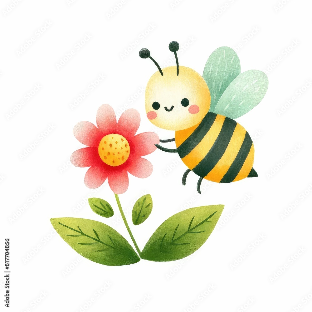 Bee clipart buzzing around a flower. watercolor illustration, Perfect for nursery art, simple clipart, single object, white color background. Bee clipart buzzing around a flower. watercolor illustration, Perfect for nursery art, simple clipart, single object, white color background.