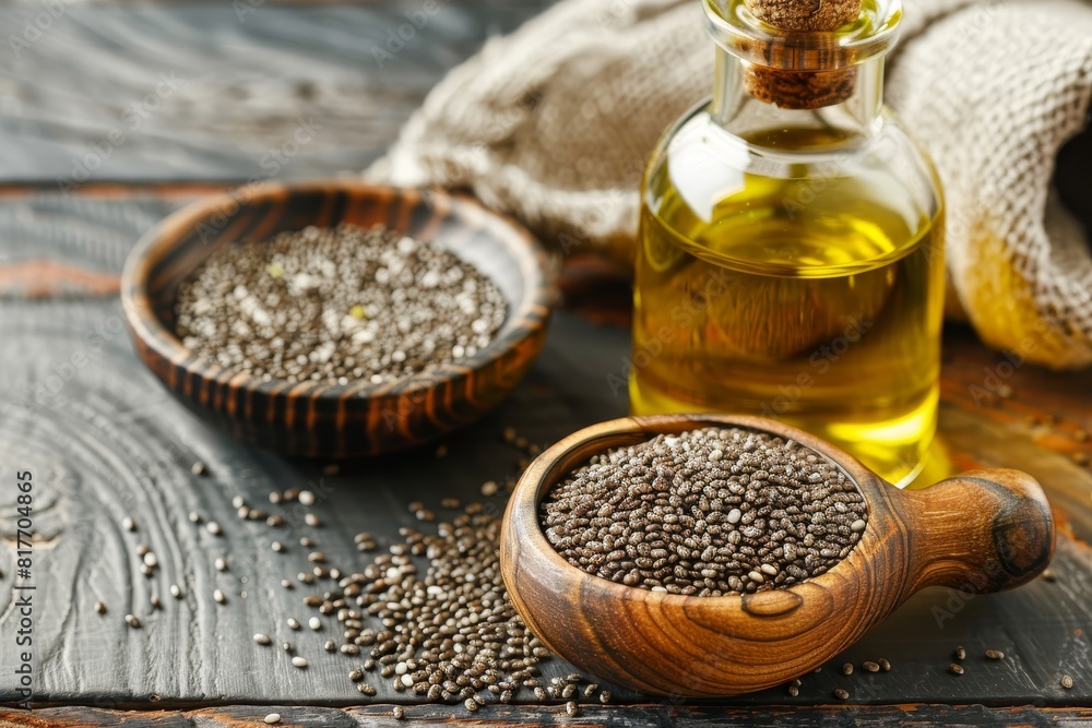 Chia oil bottle and seeds in bowl on table Room for text Chia oil bottle and seeds in bowl on table Room for text