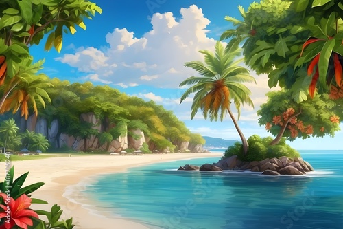 A vibrant  tropical paradise with a juicy mango tree at its center  surrounded by crystal clear waters and sandy beaches. A vibrant  tropical paradise with a juicy mango tree at its center  surrounde 