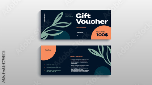 Abstract gift voucher card template. Modern discount coupon or certificate layout with geometric shape pattern. Vector fashion bright background design with information sample text.