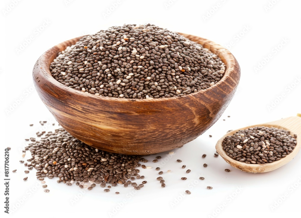 chia seeds and bowl on white background chia seeds and bowl on white background