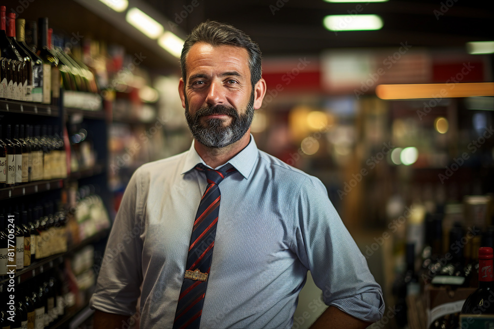 Fototapeta premium Friendly experienced supermarket store department worker professional at workplace Generative AI illustration